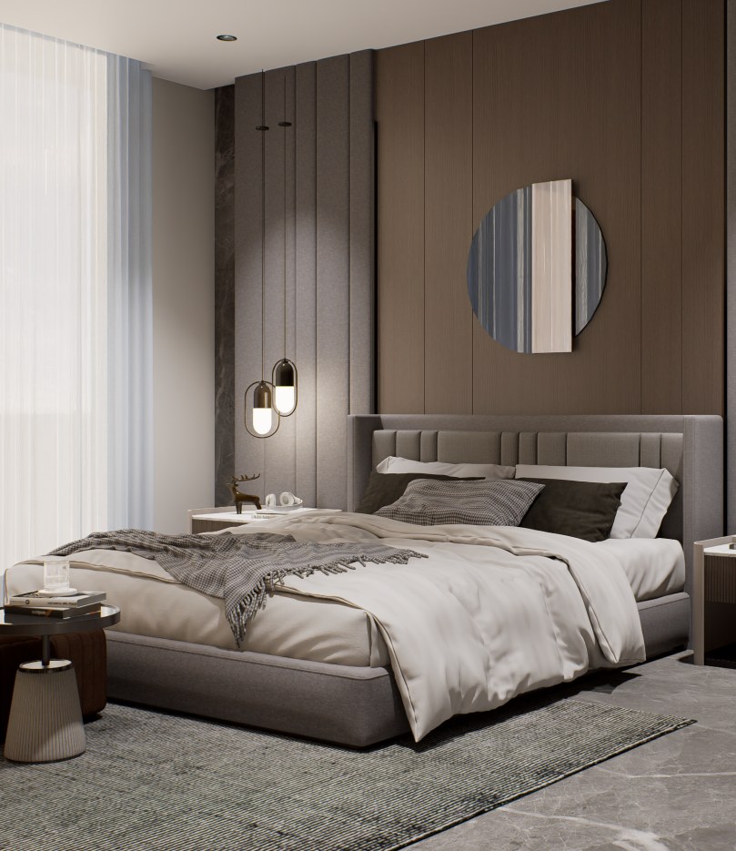 Modern bedroom with a grey upholstered bed and pendant lights, shown as a 360 degree tour