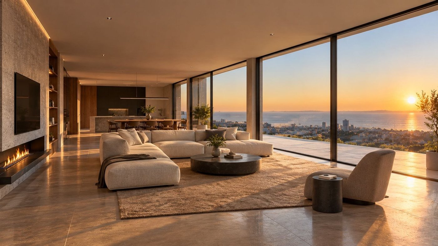 Living room with ocean view at sunset, shown as a 3D Nova tour