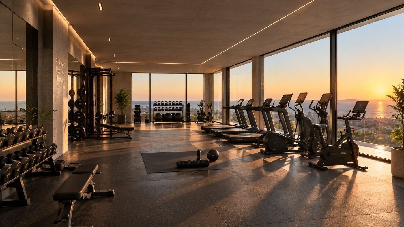 Rooftop gym at sunset, shown as a 3D Nova tour