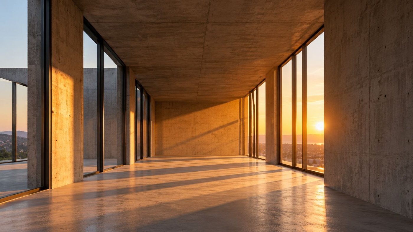 Concrete corridor at sunset, shown as a 3D Nova tour